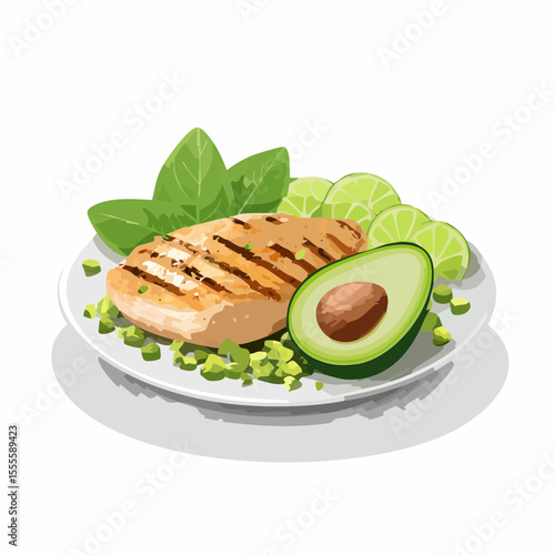 Grilled chicken breast with fresh avocado, lime, and greens on a plate. Healthy ketogenic diet meal concept illustration.