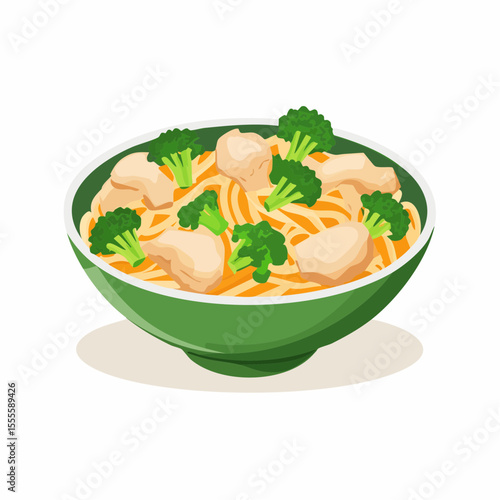 A delicious bowl of Asian noodles stir-fry with tender chicken pieces and fresh green broccoli. Healthy meal concept vector illustration.