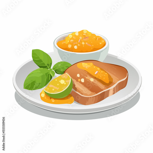 Gourmet grilled steak with a vibrant fruit salsa, garnished with fresh basil and lime. A beautifully plated meal illustration.