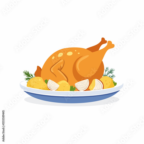 A traditional holiday feast featuring a golden roasted chicken or turkey served on a platter with potatoes and onions.