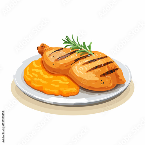 Gourmet grilled chicken leg served with a side of creamy mashed puree and a fresh rosemary sprig. Isolated vector illustration.