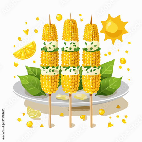 Tasty grilled corn on the cob with mayonnaise and fresh herbs, a popular summer barbecue dish