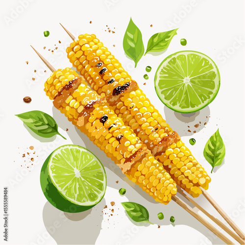 Flavorful grilled corn on the cob on skewers, garnished with zesty lime slices and fresh basil leaves, isolated on a white background.