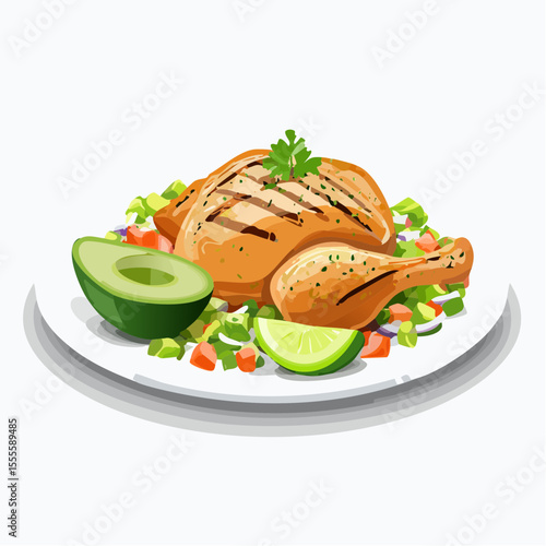 Deliciously grilled whole chicken served on a white plate with fresh avocado, lime, and a colorful vegetable salad