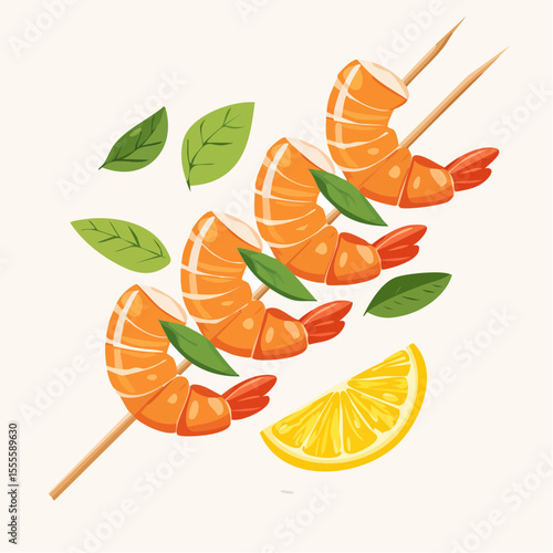 Delicious grilled shrimp skewers appetizer with fresh lemon and basil leaves. Vector illustration of a seafood dish.