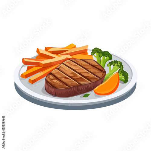 Illustration of a grilled beef steak dinner with french fries and broccoli on a plate. A balanced and delicious meal concept.