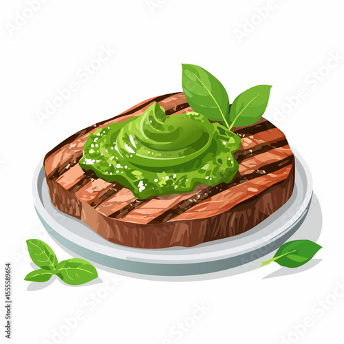 Illustration of a delicious grilled beef steak topped with pesto sauce and garnished with fresh basil leaves, isolated on a white background