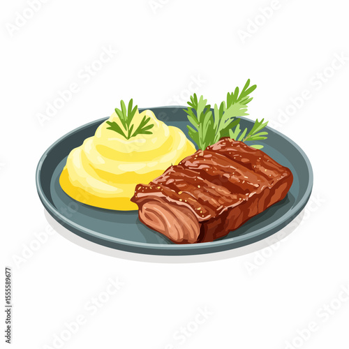 Classic grilled beef steak with a side of creamy mashed potatoes and parsley garnish, served on a plate. A hearty dinner concept illustration.