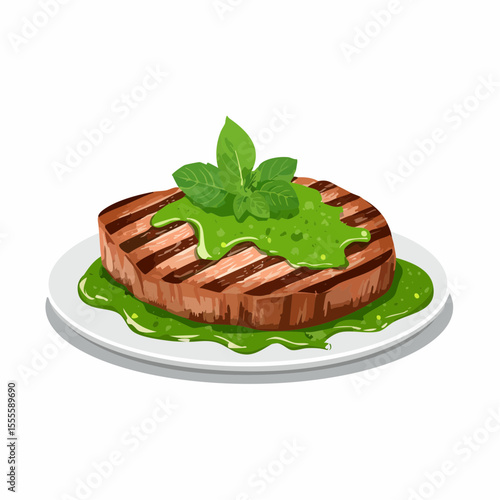 A flavorful grilled beef steak served on a white plate, topped with a vibrant green sauce and fresh basil.