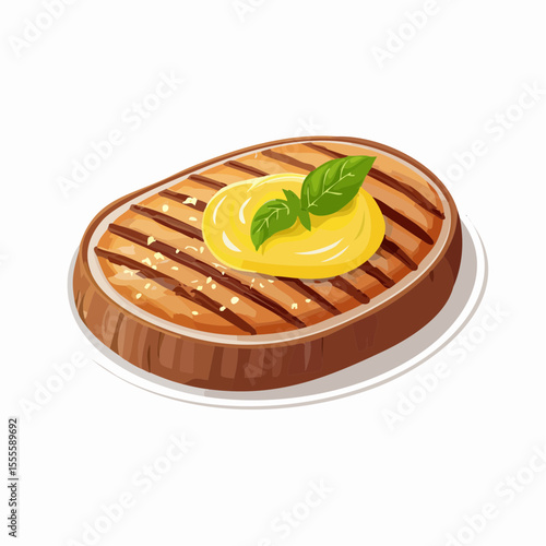 A savory grilled beef steak icon with melting butter and a fresh basil garnish. A cartoon food illustration isolated on a white background.