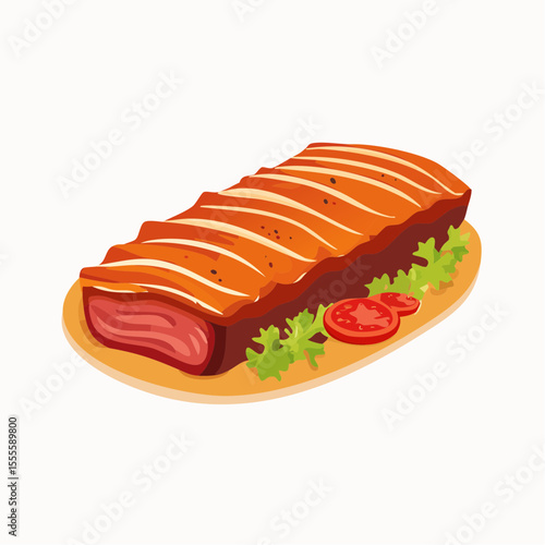 Vector illustration of a delicious sliced meat roast served on a platter with fresh lettuce and tomato garnish.