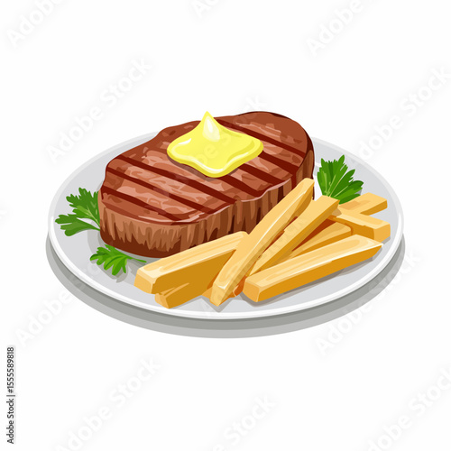 A delicious illustration of a grilled beef steak with melting butter, served with a side of golden french fries and parsley garnish on a white plate.