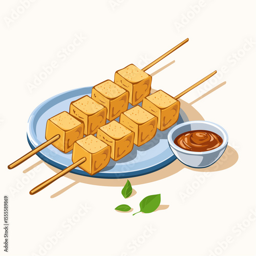 Delicious grilled tofu skewers served on a plate with a savory dipping sauce. A healthy vegetarian or vegan appetizer concept.