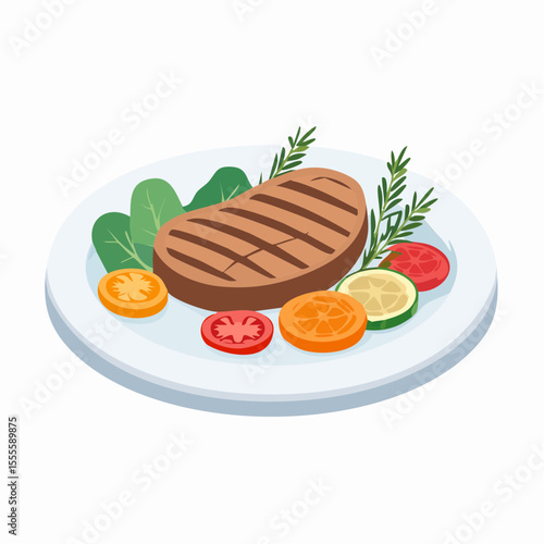 Appetizing grilled beef steak served with fresh vegetables like tomatoes and carrots on a plate, a healthy meal concept illustration.