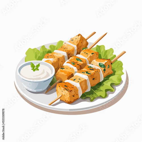 Delicious grilled tofu skewers with fresh herbs and a creamy dip, served on lettuce as a healthy appetizer.