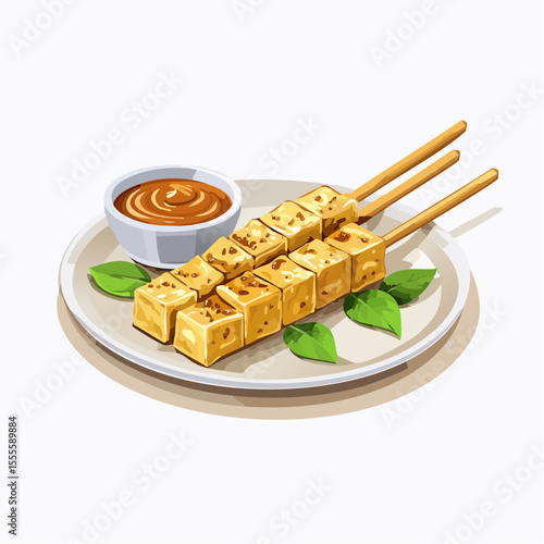 Illustrated grilled tofu satay skewers with a savory peanut dipping sauce on a plate. A healthy vegan appetizer from Asian cuisine.