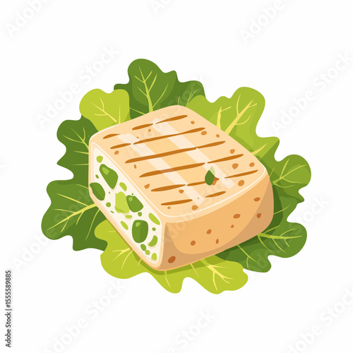 Grilled tofu steak with herbs on a bed of fresh lettuce. A healthy vegetarian and vegan food concept illustration isolated on white.