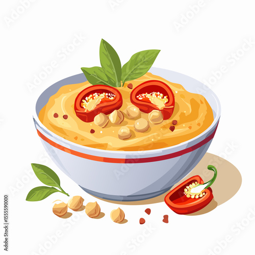 Delicious homemade hummus in a ceramic bowl, garnished with chickpeas, red pepper, and fresh basil leaves. Concept of healthy vegan appetizers.