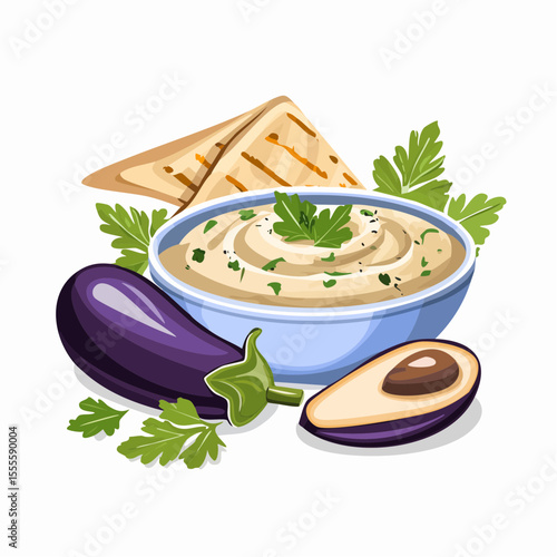 A nutritious and savory bowl of eggplant dip, garnished with fresh parsley, served alongside a ripe avocado and toasted pita bread.