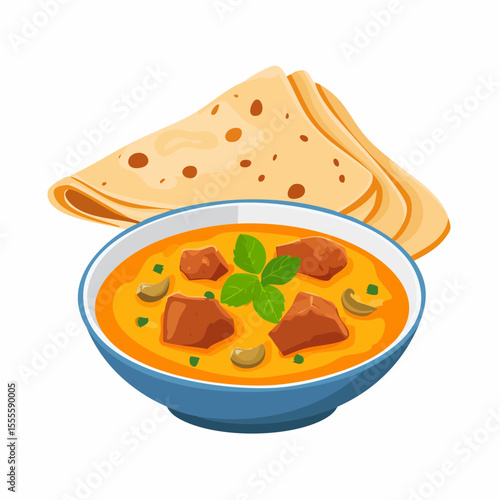 A traditional Indian meal featuring a savory curry stew with meat and nuts in a bowl, served with warm flatbread.