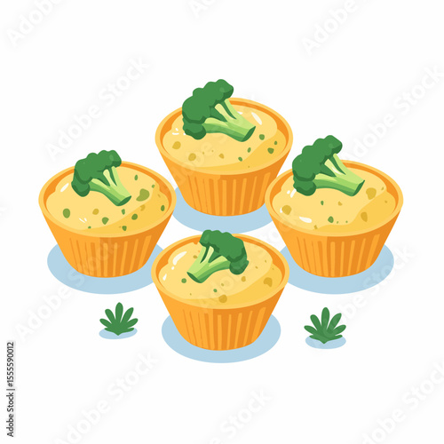Isometric illustration of healthy savory broccoli and cheese muffins. A nutritious snack or appetizer concept for healthy eating.