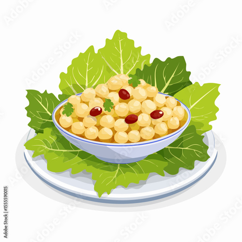 A nutritious bowl of chickpea salad with red beans and herbs on a bed of fresh lettuce. Healthy vegetarian meal concept.