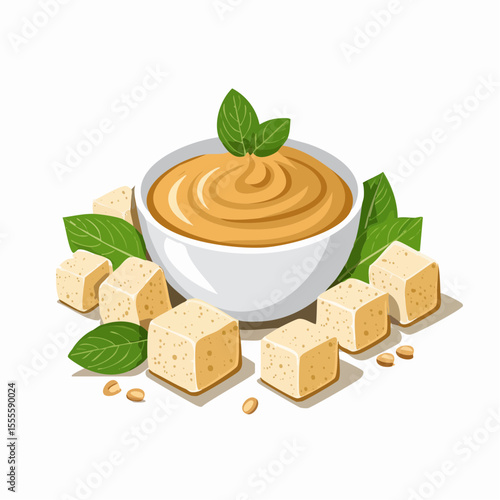 Savory tofu cubes with creamy peanut sauce dip in a bowl, garnished with fresh basil. Healthy vegan appetizer concept.
