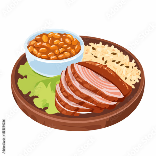 Hearty dinner plate concept featuring sliced roasted meat, a bowl of baked beans, and seasoned rice with lettuce garnish.
