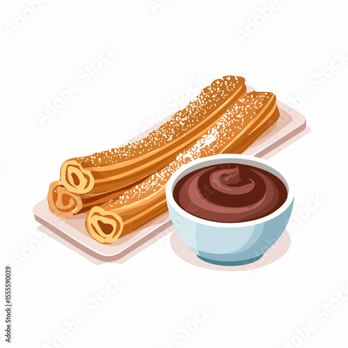 Delicious traditional Spanish churros with a rich chocolate dipping sauce, a sweet pastry treat isolated on white background