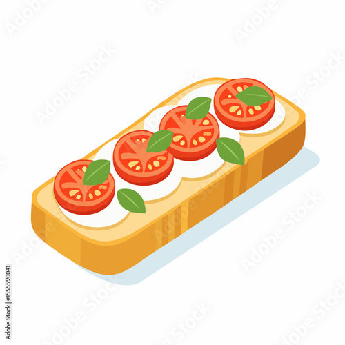 Delicious bruschetta appetizer with fresh tomato, mozzarella cheese, and basil leaves on toasted bread. Isometric vector food illustration.