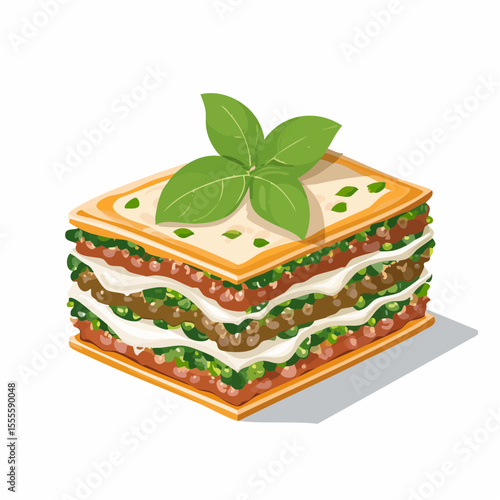 Savory slice of classic Italian lasagna with layers of pasta, meat sauce, bechamel, and a fresh basil garnish. Isolated vector illustration.