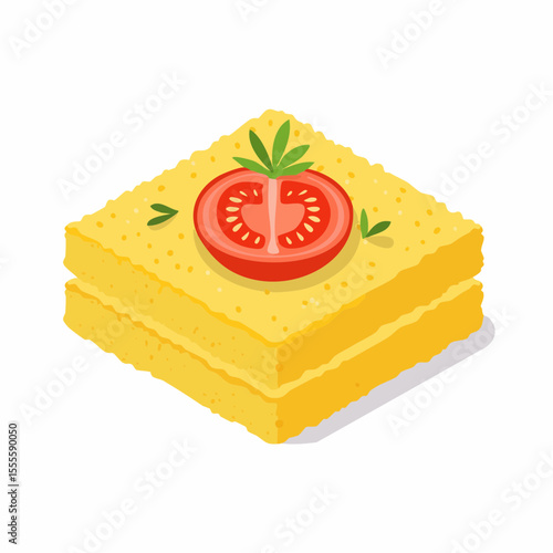 Illustration of stacked polenta squares with a fresh tomato slice and herb garnish. Traditional Italian cornmeal dish concept.