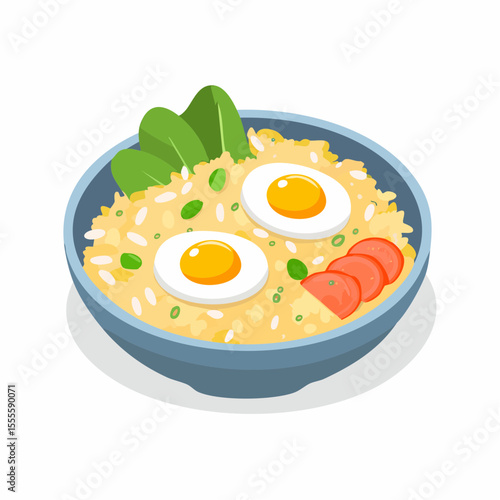 A delicious bowl of Asian-style fried rice with sunny-side up eggs, sliced sausage, and fresh greens. Vector food illustration.