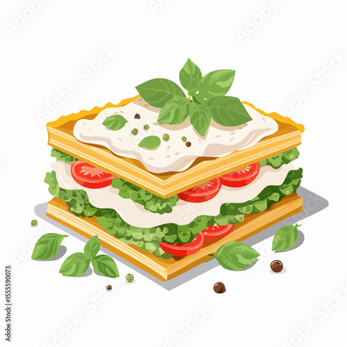 A delicious slice of homemade vegetarian lasagna with fresh basil, tomatoes, and a creamy white sauce. Classic Italian cuisine illustration.