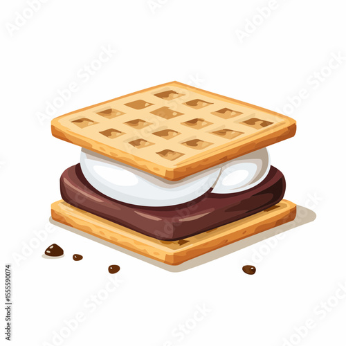 Vector illustration of a delicious s'more dessert with waffle crackers, melted marshmallow, and chocolate, isolated on a white background.