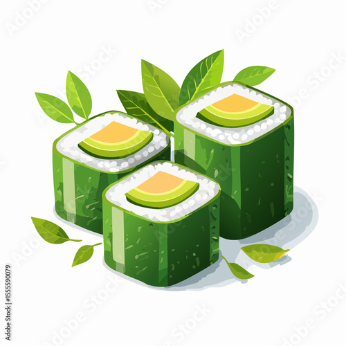 Fresh vegetarian avocado and cucumber sushi rolls. A healthy Japanese cuisine concept illustration isolated on a white background.
