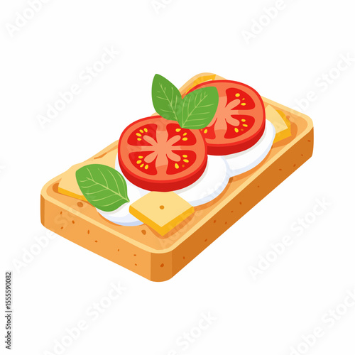 Fresh Caprese sandwich with tomato, mozzarella, and basil on toast. Healthy Italian bruschetta illustration.