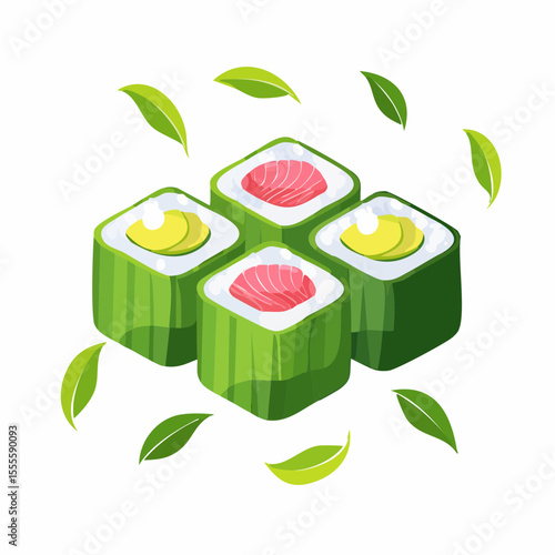 Illustration of fresh Japanese sushi rolls with tuna and avocado wrapped in cucumber. A healthy and delicious seafood meal concept.