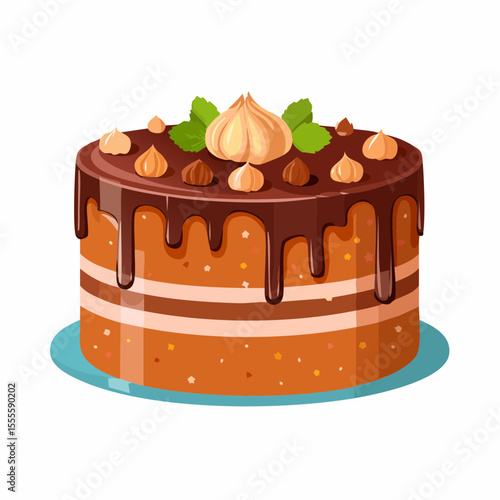 A delectable chocolate and hazelnut layer cake with rich ganache, cream swirls, and mint garnish. A perfect dessert illustration for any celebration.