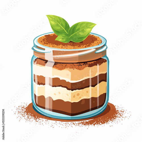Classic Italian tiramisu dessert served in a glass jar. A gourmet sweet food concept with layered cream and cocoa.