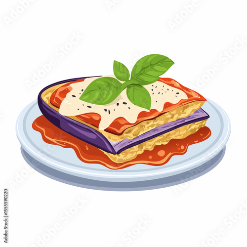 Delicious illustration of traditional Italian eggplant parmesan with tomato sauce, melted cheese, and fresh basil.