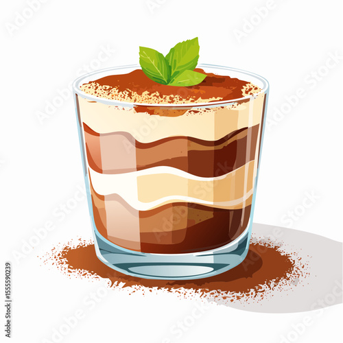 Classic Italian tiramisu dessert in a glass, layered with cream and coffee, garnished with fresh mint. Vector illustration.