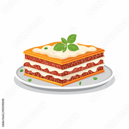 A delicious slice of classic Italian lasagna with meat ragu, bechamel sauce, and fresh basil garnish served on a plate. Vector illustration.