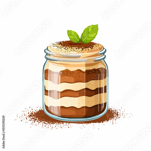 Illustration of a classic Italian tiramisu dessert in a glass jar, with layers of cream, cocoa, and a mint garnish.