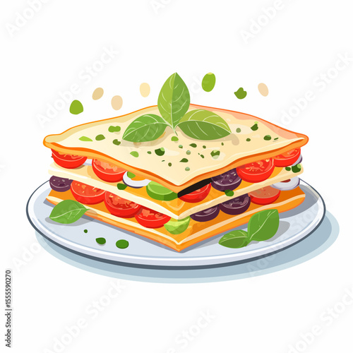 A delicious slice of vegetarian lasagna with fresh tomatoes, olives, and basil, representing traditional homemade Italian cuisine.