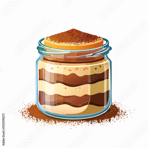 A delicious illustration of a classic Italian tiramisu served in a single-serving glass jar, layered with cream and dusted with cocoa.