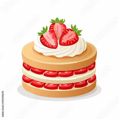 Vector illustration of a delicious strawberry shortcake with whipped cream and fresh berries. A sweet homemade dessert or pastry icon isolated on a white background.