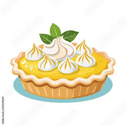 Delicious lemon meringue tart with fresh mint garnish, classic homemade sweet dessert illustration