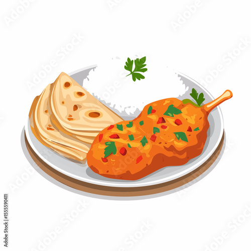 A vibrant illustration of a traditional Indian meal, featuring a spicy stuffed vegetable curry, fluffy rice, and soft roti bread on a plate