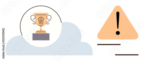 Trophy on cloud with caution triangle highlights duality of success and risks. Ideal for success, caution, warning, achievement, risk, motivation, cloud concepts, simple flat metaphor